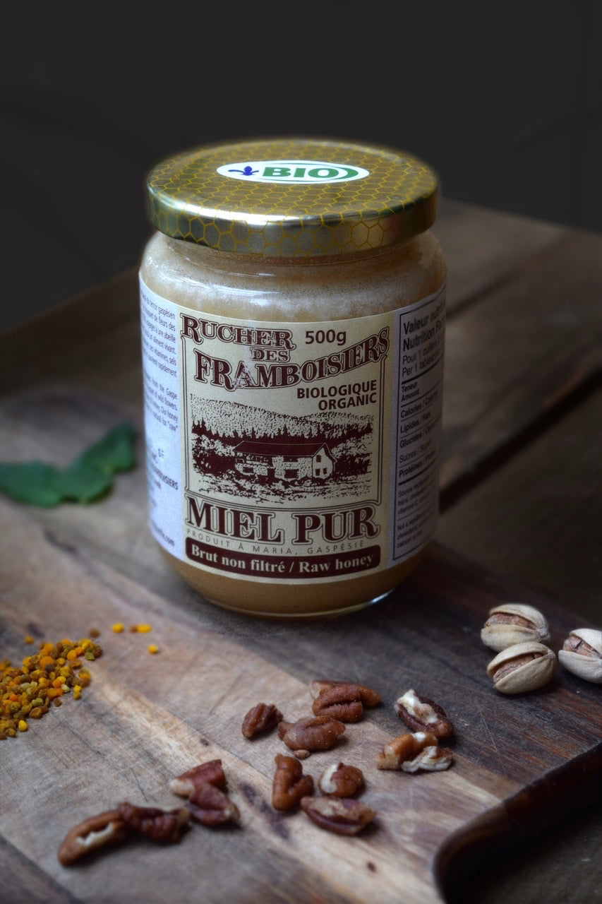 Miel brut non filtré biologique du Québec récolté à la main